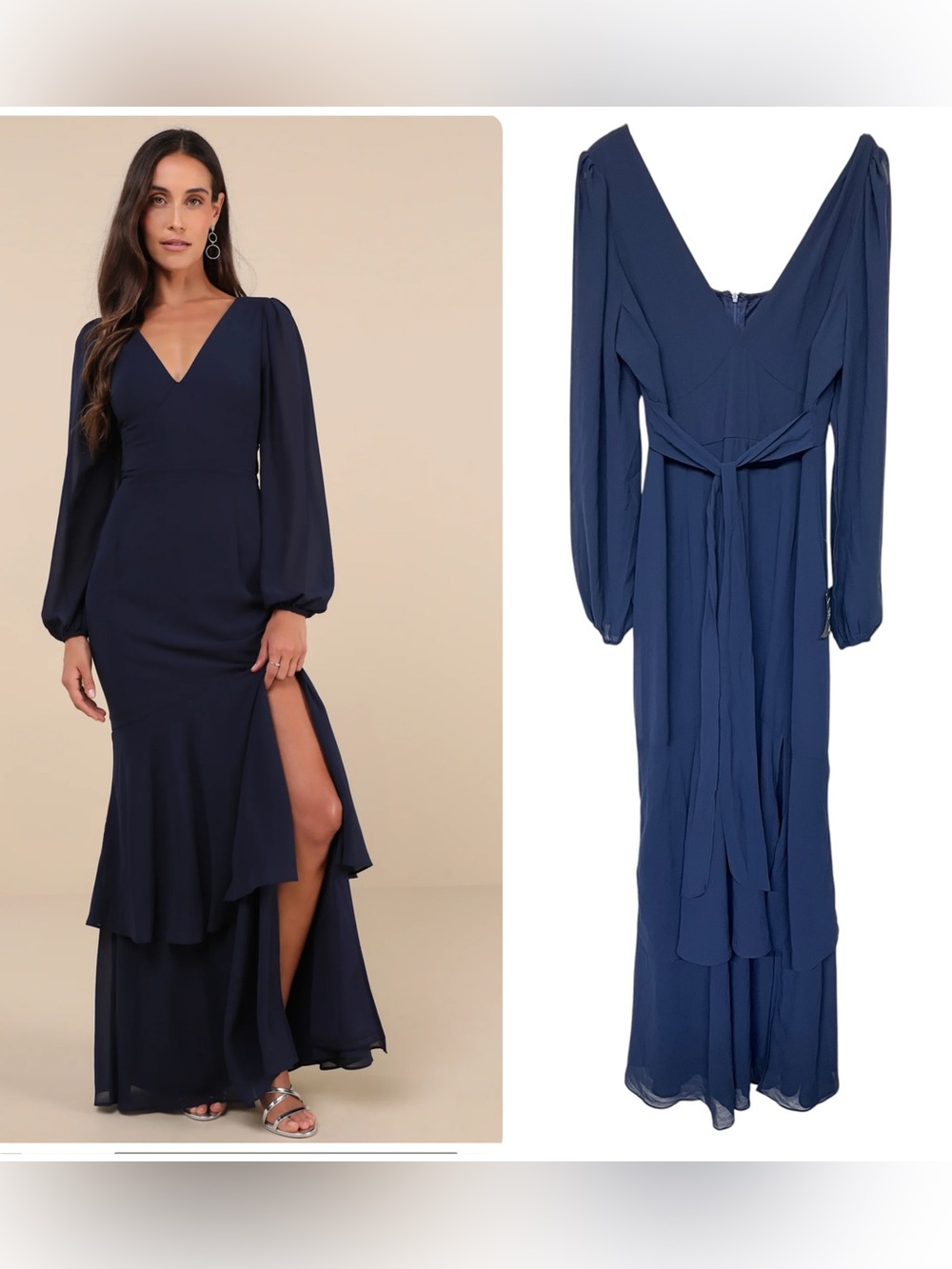 New Lulus Tiered Elegance Navy V‑Neck Long Sleeve Tiered Maxi Dress